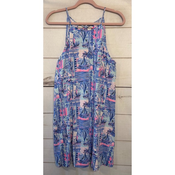Lilly Pulitzer Dresses & Skirts - Lilly Pulitzer Halter Neck Dress Tropical Print Pink Blue Sleeveless Tie Back